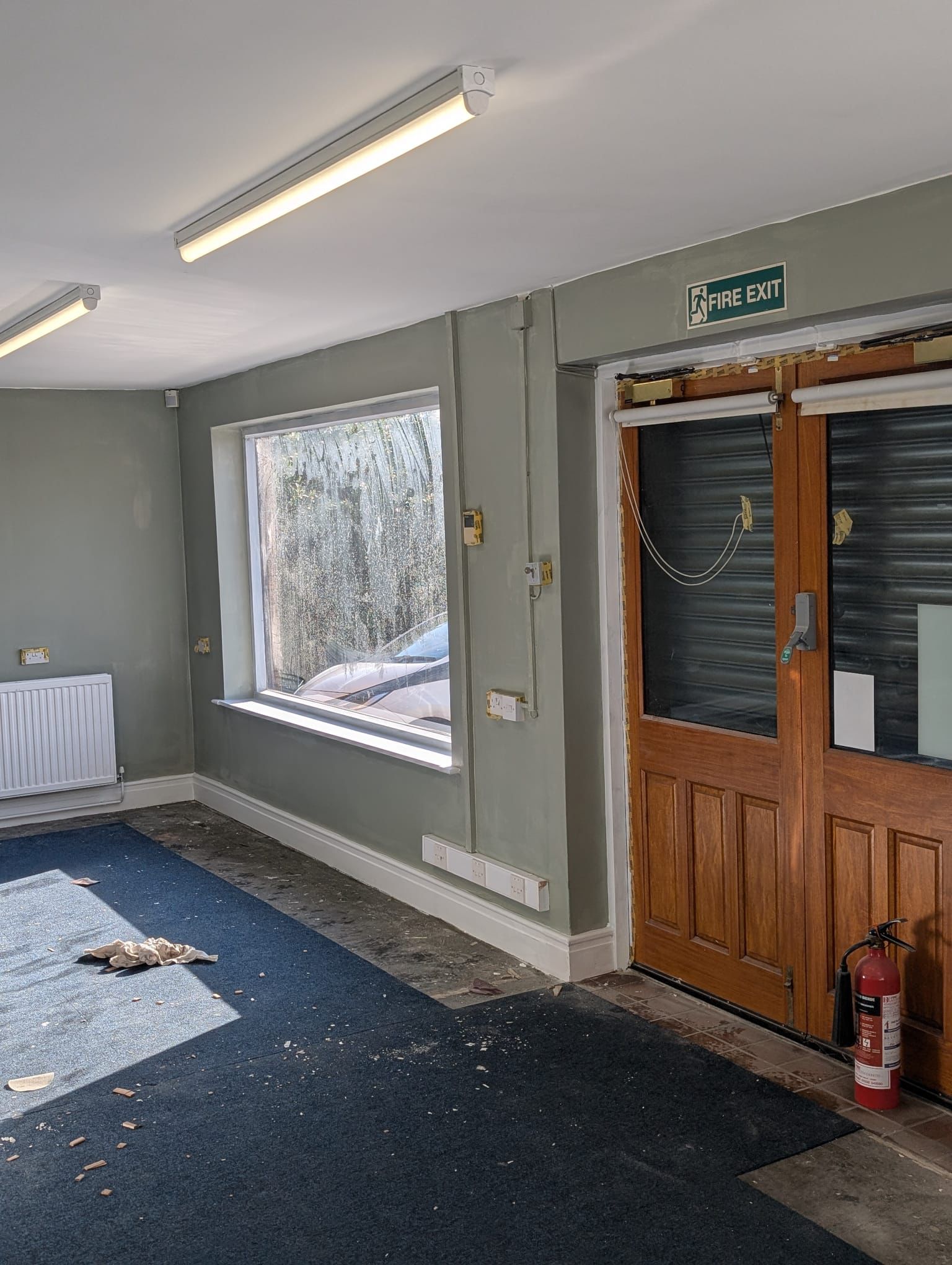 Commercial office space painted in a modern green palette